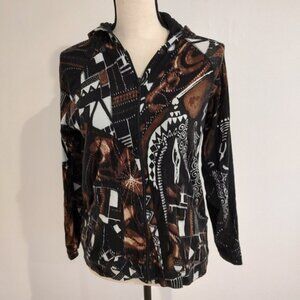 Chico's Hooded Sweatshirt Abstract Brown White Black Design Size S